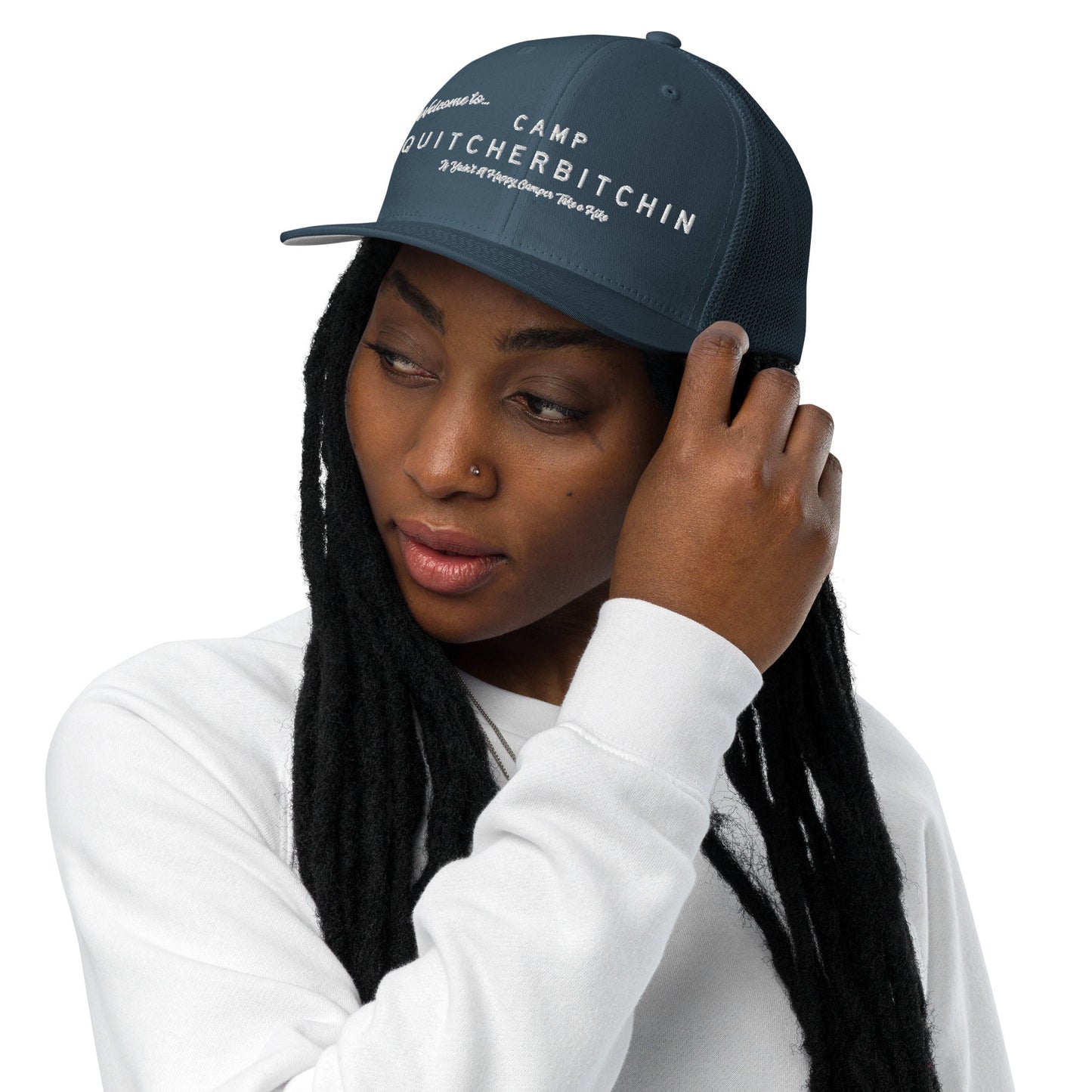Welcome to Camp Quitcherbitchin Closed-Back Trucker Cap | Flexfit 6511
