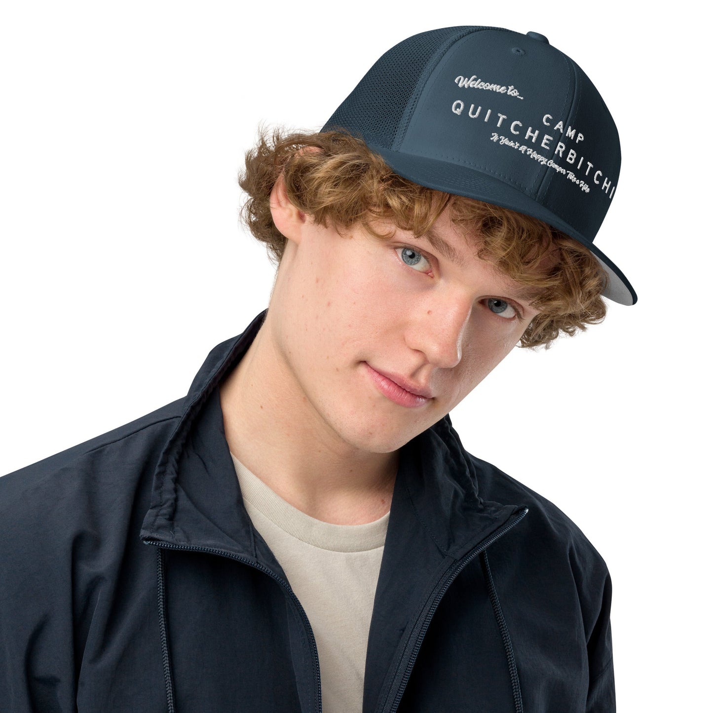 Welcome to Camp Quitcherbitchin Closed-Back Trucker Cap | Flexfit 6511